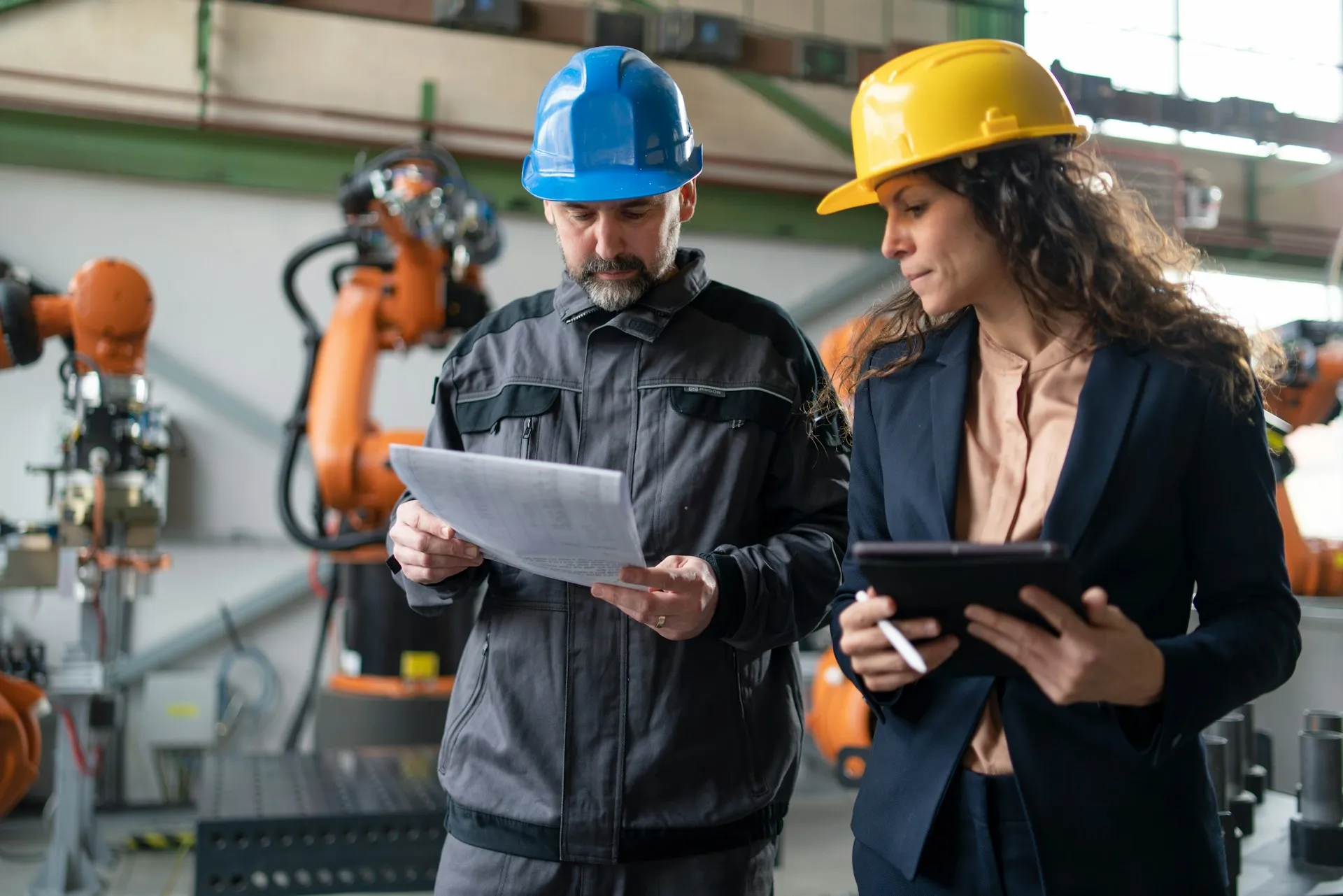 Engineers in production line